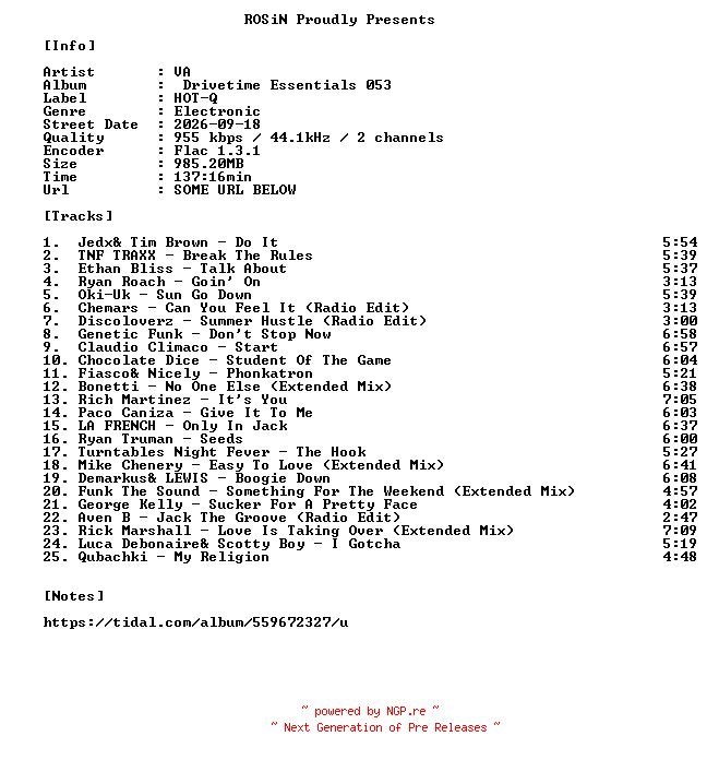 NFO for the release VA-Drivetime_Essentials_053-16BIT-WEB-FLAC-2026-ROSiN by ROSiN