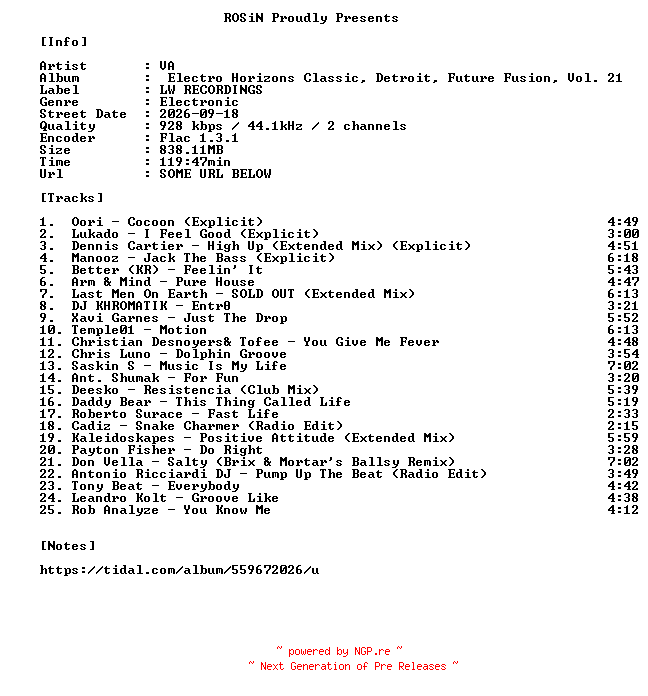 NFO for the release VA-Electro_Horizons_Classic_Detroit_Future_Fusion_Vol._21-16BIT-WEB-FLAC-2026-ROSiN by ROSiN