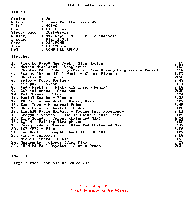 NFO for the release VA-Trax_For_The_Track_053-16BIT-WEB-FLAC-2026-ROSiN by ROSiN