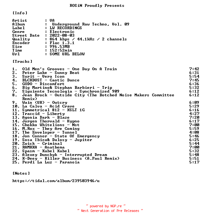 NFO for the release VA-Underground_Raw_Techno_Vol._09-16BIT-WEB-FLAC-2022-ROSiN by ROSiN