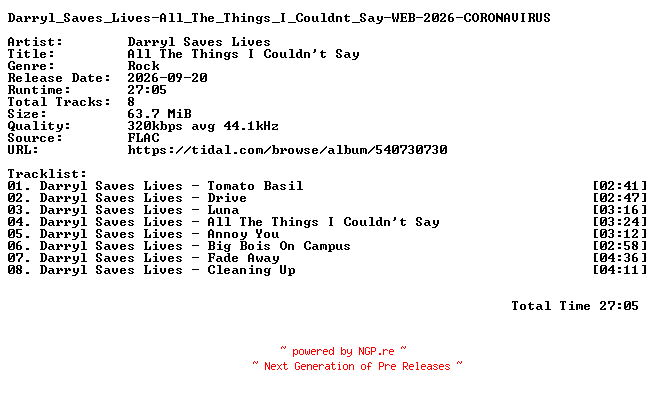 NFO for the release Darryl_Saves_Lives-All_The_Things_I_Couldnt_Say-WEB-2026-CORONAVIRUS by CORONAVIRUS