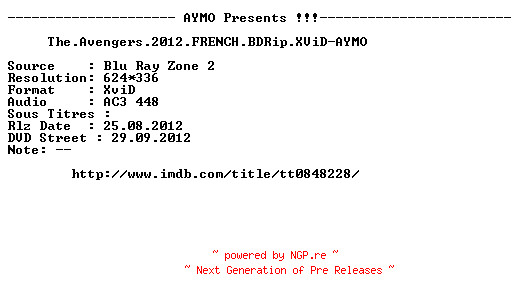 NFO for the release The.Avengers.2012.FRENCH.BDRip.XViD-AYMO by AYMO