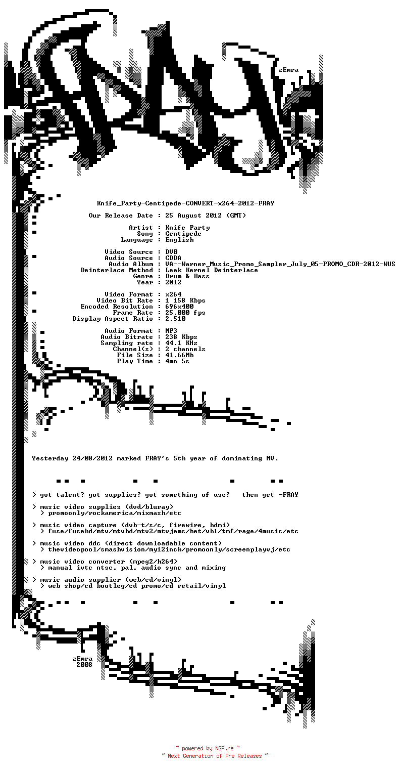 NFO for the release Knife_Party-Centipede-CONVERT-x264-2012-FRAY by FRAY