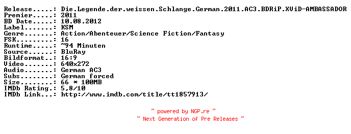 NFO for the release Die.Legende.der.weissen.Schlange.German.2011.AC3.BDRiP.XViD-AMBASSADOR by AMBASSADOR