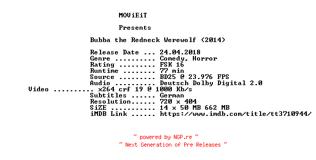 NFO for the release Bubba.the.Redneck.Werewolf.German.2014.BDRiP.x264-MOViEiT by MOViEiT