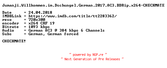 NFO for the release Jumanji.Willkommen.im.Dschungel.German.2017.AC3.BDRip.x264-CHECKMATE by CHECKMATE