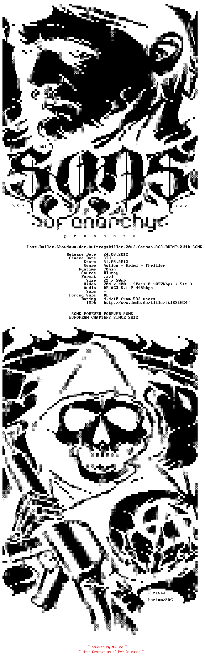NFO for the release Last.Bullet.Showdown.der.Auftragskiller.2012.German.AC3.BDRiP.XViD-SONS by SONS