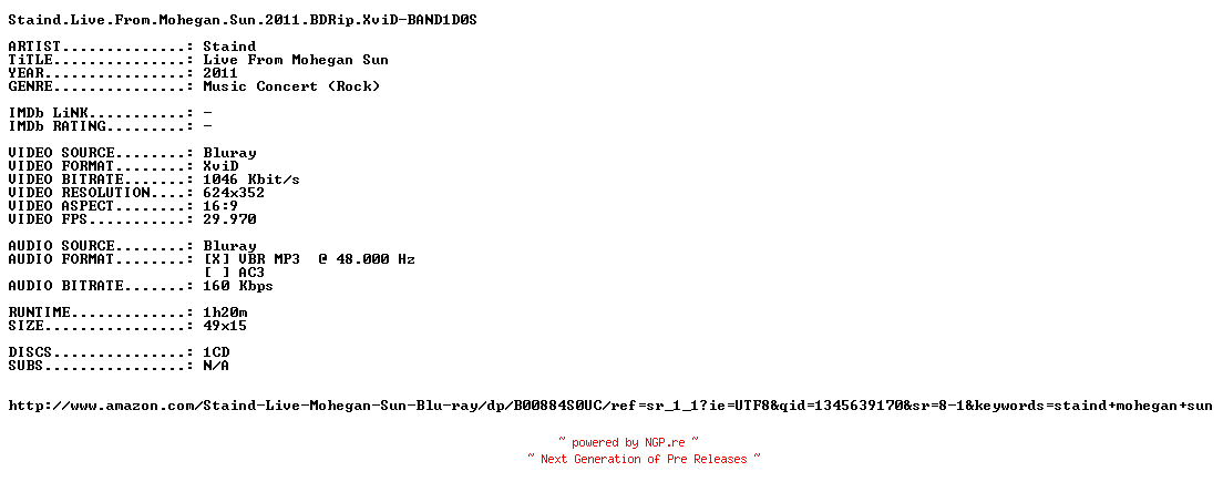 NFO for the release Staind.Live.From.Mohegan.Sun.2011.BDRip.XviD-BAND1D0S by BAND1D0S