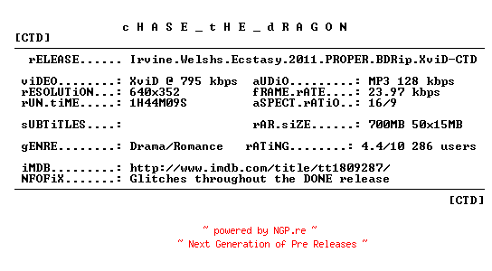NFO for the release Irvine.Welshs.Ecstasy.2011.PROPER.BDRip.XviD-CTD by CTD