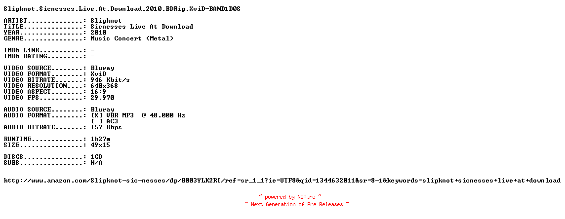 NFO for the release Slipknot.Sicnesses.Live.At.Download.2010.BDRip.XviD-BAND1D0S by BAND1D0S