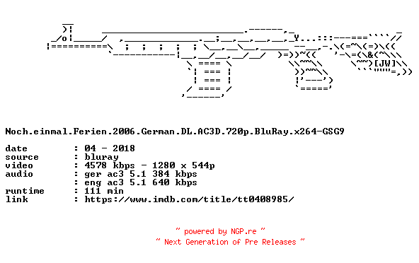 NFO for the release Noch.einmal.Ferien.2006.German.DL.AC3D.720p.BluRay.x264-GSG9 by GSG9