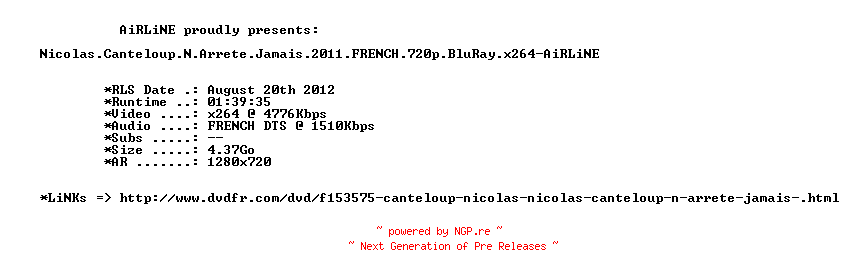 NFO for the release Nicolas.Canteloup.N.Arrete.Jamais.2011.FRENCH.720p.BluRay.x264-AiRLiNE by AiRLiNE