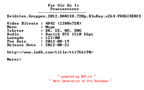 NFO for the release Hvidsten.Gruppen.2012.DANISH.720p.BluRay.x264-FARGIRENIS by FARGIRENIS