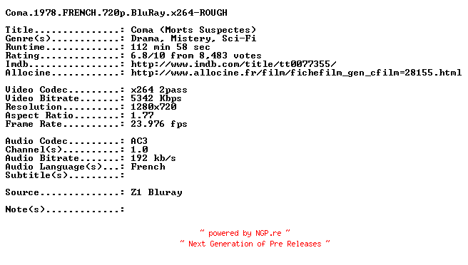 NFO for the release Coma.1978.FRENCH.720p.BluRay.x264-ROUGH by ROUGH
