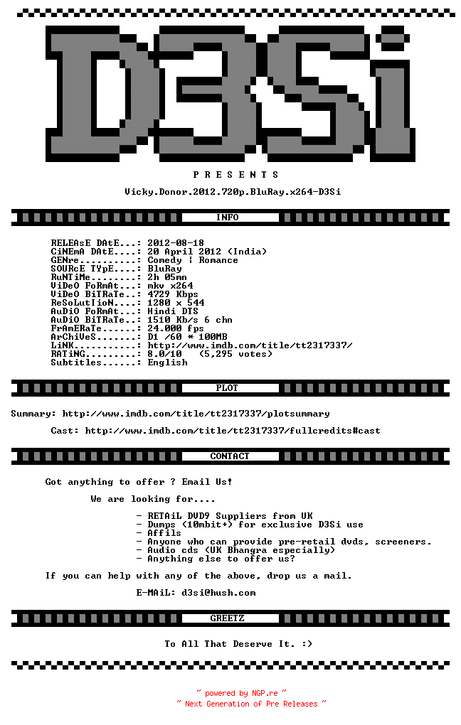 NFO for the release Vicky.Donor.2012.720p.BluRay.x264-D3Si by D3Si