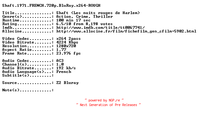 NFO for the release Shaft.1971.FRENCH.720p.BluRay.x264-ROUGH by ROUGH