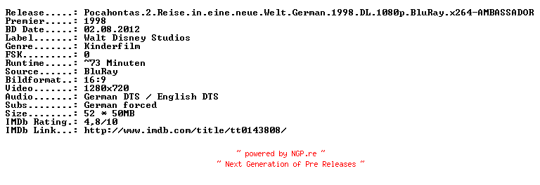 NFO for the release Pocahontas.2.Reise.in.eine.neue.Welt.German.1998.DL.720p.BluRay.x264-AMBASSADOR by AMBASSADOR