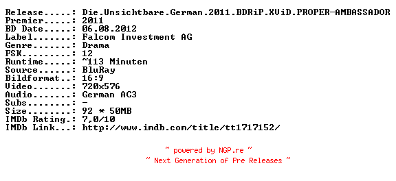 NFO for the release Die.Unsichtbare.German.2011.BDRiP.XViD.PROPER-AMBASSADOR by AMBASSADOR
