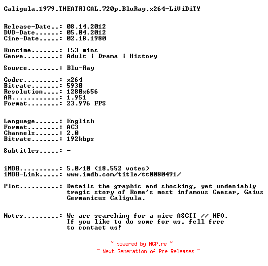 NFO for the release Caligula.1979.THEATRICAL.720p.BluRay.x264-LiViDiTY by LiViDiTY