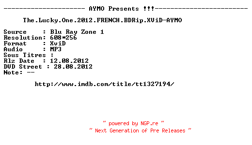 NFO for the release The.Lucky.One.2012.FRENCH.BDRip.XviD-AYMO by AYMO