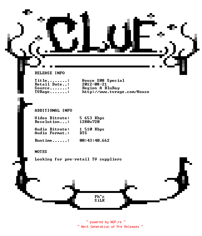 NFO for the release House.S08.Special.720p.BluRay.X264-CLUE by CLUE