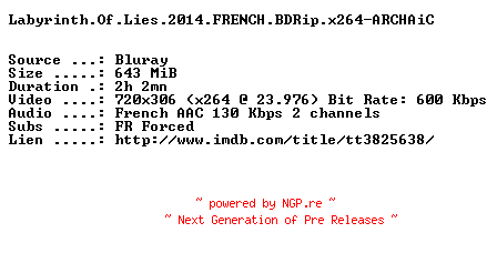 NFO for the release Labyrinth.Of.Lies.2014.FRENCH.BDRip.x264-ARCHAiC by ARCHAiC