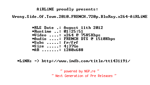 NFO for the release Wrong.Side.Of.Town.2010.FRENCH.720p.BluRay.x264-AiRLiNE by AiRLiNE