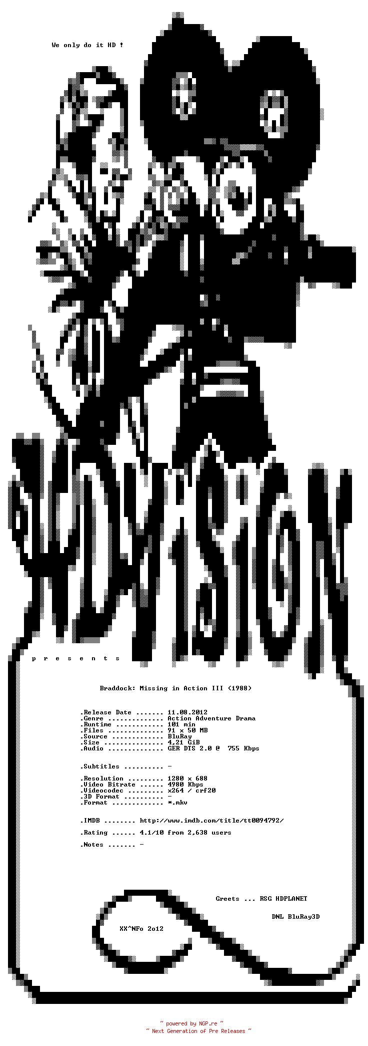 NFO for the release Braddock.Missing.in.Action.III.1988.GERMAN.720p.BLURAY.x264-HDViSiON by HDViSiON