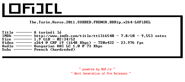 NFO for the release The.Turin.Horse.2011.SUBBED.FRENCH.BDRip.x264-LOFiDEL by LOFiDEL