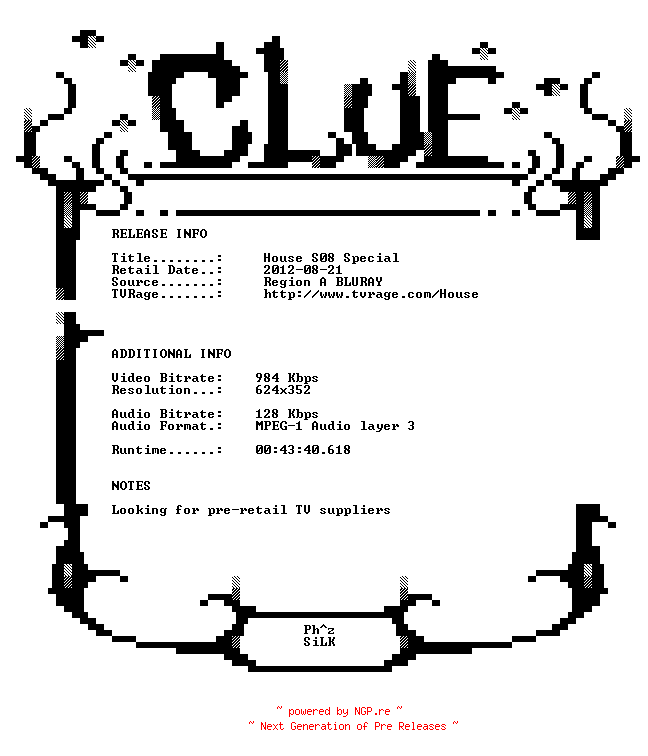 NFO for the release House.S08.Special.BDRip.XviD-CLUE by CLUE