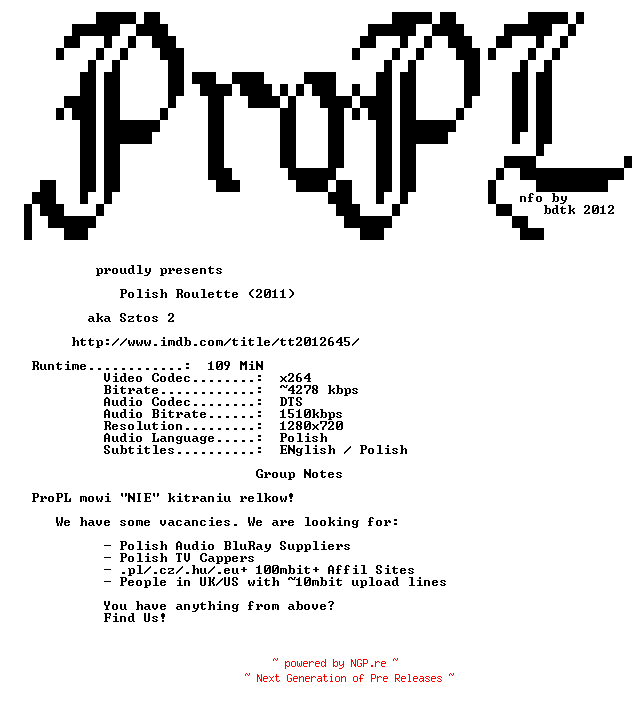 NFO for the release Polish.Roulette.2012.720p.BluRay.x264-ProPL by ProPL