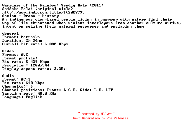 NFO for the release Warriors.Of.The.Rainbow.Seediq.Bale.2011.720p.BluRay.x264-BRMP by BRMP