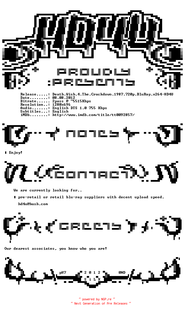 NFO for the release Death.Wish.4.The.Crackdown.1987.720p.BluRay.x264-HD4U by HD4U