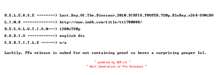 NFO for the release Last.Day.Of.The.Dinosaurs.2010.720p.BluRay.x264-SONiDO by SONiDO