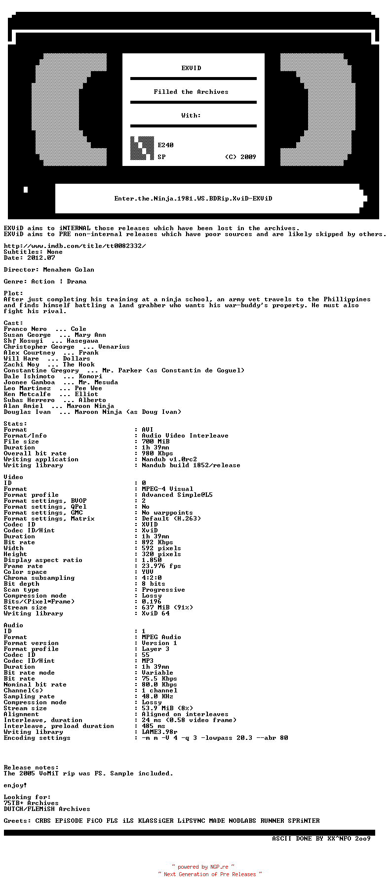 NFO for the release Enter.the.Ninja.1981.WS.BDRip.XviD-EXViD by EXViD