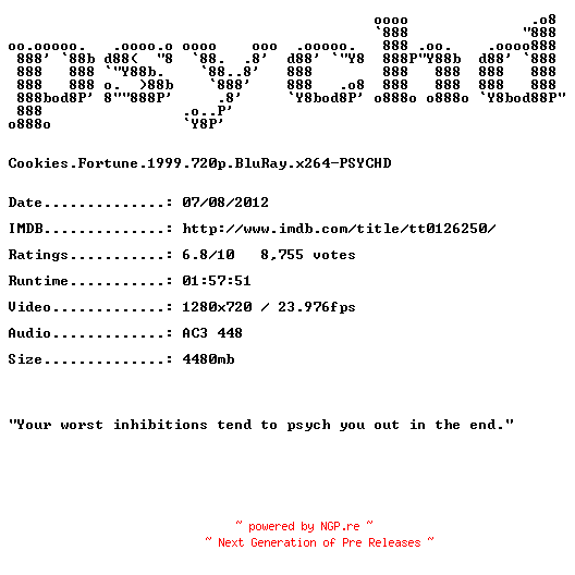 NFO for the release Cookies.Fortune.1999.720p.BluRay.x264-PSYCHD by PSYCHD
