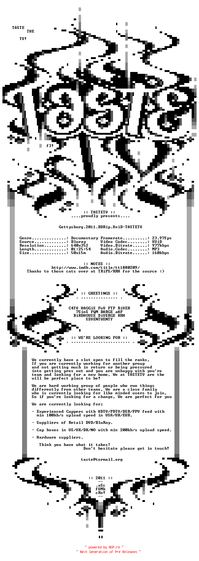 NFO for the release Gettysburg.2011.BDRip.XviD-TASTETV by TASTETV