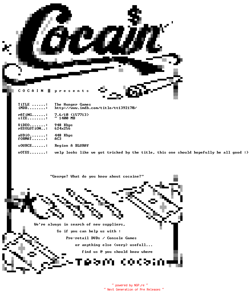NFO for the release The.Hunger.Games.RERIP.BDRip.XviD-COCAIN by COCAIN