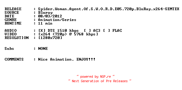 NFO for the release Spider.Woman.Agent.Of.S.W.O.R.D.E05.720p.BluRay.x264-SEMTEX by SEMTEX