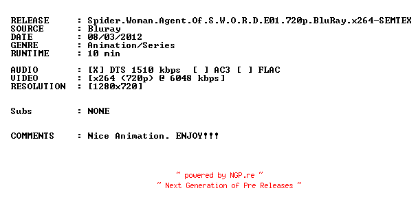 NFO for the release Spider.Woman.Agent.Of.S.W.O.R.D.E01.720p.BluRay.x264-SEMTEX by SEMTEX