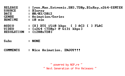 NFO for the release Iron.Man.Extremis.E03.720p.BluRay.x264-SEMTEX by SEMTEX