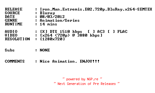 NFO for the release Iron.Man.Extremis.E02.720p.BluRay.x264-SEMTEX by SEMTEX