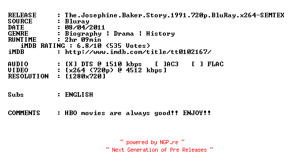 NFO for the release The.Josephine.Baker.Story.1991.720p.BluRay.x264-SEMTEX by SEMTEX
