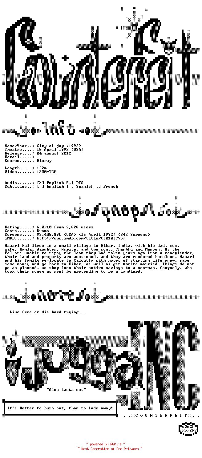 NFO for the release City.of.Joy.1992.720p.BluRay.x264-Counterfeit by Counterfeit