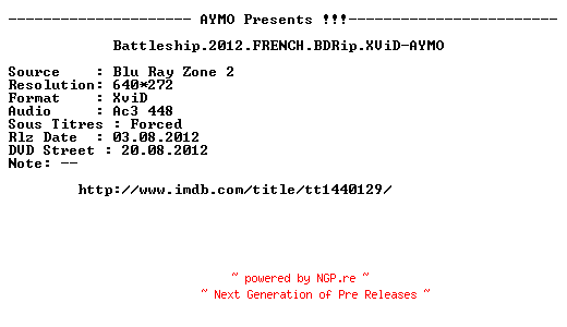 NFO for the release Battleship.2012.FRENCH.BDRip.XViD-AYMO by AYMO