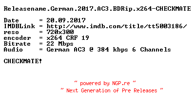 NFO for the release Das.Leuchten.der.Erinnerung.German.2017.AC3.BDRip.x264-CHECKMATE by CHECKMATE