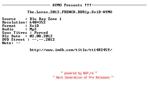 NFO for the release The.Lorax.2012.FRENCH.BDRip.XviD-AYMO by AYMO