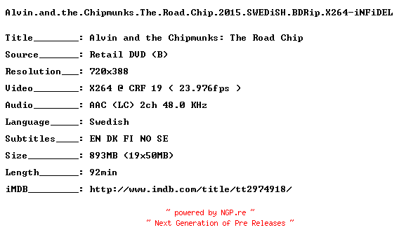 NFO for the release Alvin.and.the.Chipmunks.The.Road.Chip.2015.SWEDiSH.BDRip.X264-iNFiDEL by iNFiDEL