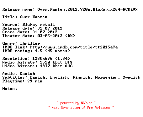NFO for the release Over.Kanten.2012.720p.BluRay.x264-RCDiVX by RCDiVX