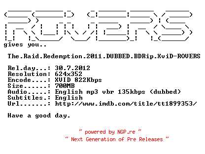 NFO for the release The.Raid.Redemption.2011.DUBBED.BDRip.XviD-ROVERS by ROVERS